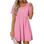 MOSHU Summer Dress for Women, Crewneck, Short Sleeve, Pink, Midi A-Line Sundress with Pockets