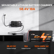 LiTime 58.4V 18A Lithium Battery Charger for 48V LiFePO4 Battery, IP65 Waterproof, AC-DC Smart Charger for Golf Cart, Electric Outboard, Boat, L51.2V18A-GC-WP
