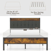 SUNNY HEAT Bedframe with King Size Soft Headboard and Charging Stations, Log Brown, King Size