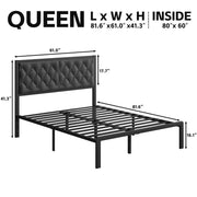 Lifezone Queen Bed Frame with Tufted Linen Upholstered Headboard, Metal Support, No Box Spring Needed, Grey
