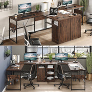 Bestier USWM01-D385R-NTCR Reversible 60 inches L Shaped Computer Desk with Storage Cabinet Long Desk for 2 Person Cherry