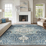 CHITOOMA 8'x10' Vintage Area Rug, Blue, Machine Washable, Low Pile Polyester with Non-Slip Backing, Stain and Fade Resistant