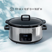 Chefman 7-Quart Digital Slow Cooker, Programmable 24-Hour Timer, Low High Warm Settings, Removable Ceramic Crock, Tempered Glass Lid, Stainless Steel, RJ15-7-SS-D