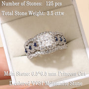 Newshe Jewellery 3.5 Ct Moissanite Bridal Ring Set, Princess Cut, 925 Sterling Silver, Blue Sapphire, Size 10