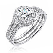JeenMata 1 Carat Lab Grown Diamond Trio Wedding Ring Set, Round Cut Halo Statement Ring, 18K White Gold Plating, Women