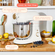 Made By Gather Beautiful 6 Qt Tilt-Head Stand Mixer, 600W Motor, 12 Speeds, Stainless Steel Bowl, Includes Dough Hook, Flat Beater, Balloon Whisk, Pastry Beater & Slicer/Shredder Set, Black Sesame and White Icing, 19892