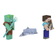 Mattel Minecraft Treasure Hunt Adventure Pack, 3.25-in Action Figures Steve, Dolphin, Drowned with Accessories GYX23