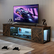 HOMRELEXA Farmhouse TV Stand for TVs Up to 65 in, Brown Burned Wood Finish, Adjustable Glass Shelves, Open Storage Cabinet, RGB LED Lighting