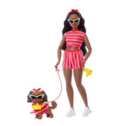 Barbie Twinning Looks Fashion Doll with Pet Dog, Matching Red Wavy Striped Outfits, Accessories Set, Poseable Joints