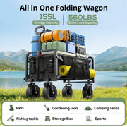 Qunler Collapsible Folding Utility Wagon, Heavy-Duty Steel Frame, 560lbs Capacity, 8-Inch 360 Rotating Wheels with Brakes, Adjustable Reboundable Handle, Waterproof 600D Oxford Fabric, Black