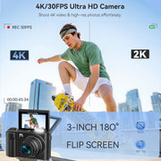 XLURC 4K Digital Camera, 88MP CMOS Sensor, 24X Optical Zoom, Auto Focus, 3-Inch 180 Flip Touchscreen, WiFi Enabled, Black, WD200-1-Black
