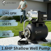 LANCHEZ Shallow Well Water Transfer Pump, 1.6 HP, Stainless Steel, Matte Black, 1340 GPH, 115V, With 5-Gallon Pressure Tank