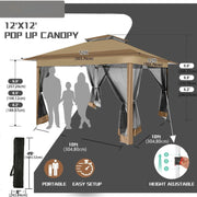 Hoteel HO-005920 12x12 Outdoor Pop-up Gazebo Canopy with Mosquito Netting, Double Vented Top, Brown
