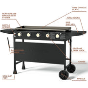 KingChii 5-Burner Propane Griddle, 38 in, 539 sq in Cooking Surface, 41,250 BTU, Portable Outdoor Grill, Black, KC1995A5