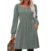 SHINE UP Womens Fall Square Neck Long Sleeve Knee Length A-Line Dress with Pockets, Green