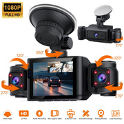 Pepwell 3 Channel 1080P Dash Cam with 2.4 Inch IPS Screen, Front and Inside Triple Cameras, IR Night Vision, Loop Recording, 24Hr Parking Monitoring, A007AB