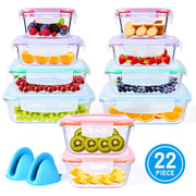Bo Toys Glass Food Storage Containers Set, 20 Pc Borosilicate Glass, Airtight Snap-Lock Lids, Oven Safe to 750F, Leakproof, Multi-Size Square and Rectangular Containers with Bonus Silicone Gloves