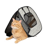 SportPet Designs Pop-Open Soft-Sided Cat Carrier, Collapsible, Lightweight, Mesh Ventilation, Secure Zippers, Beige with Cat Print, 20 in, 22128783