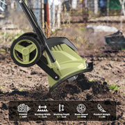 SOYUS 14 Inch Electric Garden Tiller, 12 Amp Motor, Folding Handle, 4 Steel Tines, Wheeled Rototiller for Lawn and Yard Soil Tilling