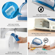 Panasonic Steam Iron, Cordless 360-Degree Freestyle, Double-Tipped Nickel-Coated Soleplate, Anti-Calc System, Power Base with Retractable Cord and Carrying Case, Blue, NI-QL1000A