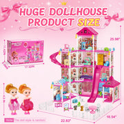 MOJINO Pink 12-Room 4-Story Dollhouse Playset with Furniture, Dolls Figures, Colorful LED Lights, Slide and Pool for Girls Ages 3+