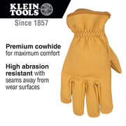 Klein Tools Cowhide Leather Work Gloves, Medium, Gunn Cut Design, Abrasion-Resistant Split Leather Palm, Pull-On Fit, 60603