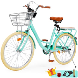 Bruce & Shark 26 Inch Commuter Bicycle, Comfortable City Bike with Rear Rack and Front Basket, Green, 18513150053