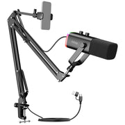 FIFINE AM8 Gaming Microphone Kit, USB XLR Dynamic Microphone, Boom Arm Stand, RGB Lighting, Headphone Jack, Phone Holder, Black, AM8T