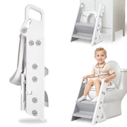 Beavtaens Potty Training Toilet Seat, 2-in-1 Foldable Step Stool with Adjustable Ladder, Safety Handrails, Removable Washable Cushion, Gray, Ages 1-7