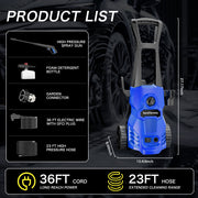 YWSJ Electric Pressure Washer with Foam Cannon, 2000 PSI, 1.6 GPM, Corded, Blue, Portable with 36ft Power Cord and 23ft Hose, C15-BL
