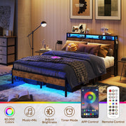 Bestier Queen Size Platform Bed Frame with Wooden Headboard, Dual LED Lights, Two-Tier Storage Shelves, Charging Station, Brown
