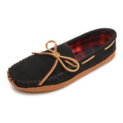 Minnetonka Men's Moccasin Slippers, Double-Layer Genuine Suede, Plaid Fleece Lining, Black, Size 10