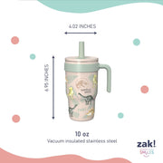 Zak Designs 10oz Jurassic Kids Handle Tumbler, Stainless Steel, Leak-Proof Silicone Straw, Green