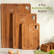 Astercook Bamboo Cutting Board Set, 4-Pieces with Holder, Deep Carbonized Wood, Juice Groove, Built-In Handles, Large Medium Small Boards