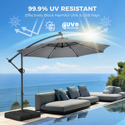 Patbrela HY21LSB 10ft Offset Patio Umbrella with Base, Cantilever Hanging Outdoor Umbrella with Solar Light Strips, Gray