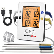 ThermoPro TP25W Bluetooth Grill Meat Thermometer, 4 Stainless Steel Probes, 650ft Wireless Range, Backlit LCD Display, Rechargeable Battery, Black/Red