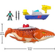 Fisher-Price Imaginext Jurassic World Rebirth Aquachomp Chase Mosasaurus Dinosaur Toy Playset, 18-Inch, Includes 3-Inch Action Figure, Patrol Boat with Launcher, and Projectiles