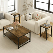 Dowellia 3-Piece Coffee Table Set, Rustic Brown Wood Tops, Black Metal Frame, Includes 1 Rectangular Coffee Table & 2 Square End Tables - Easy Assembly