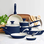 GreenPan CC006925-001 Rio Healthy Ceramic Nonstick 16 Piece Cookware Pots and Pans Set, Navy