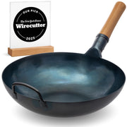 YOSUKATA 13.5 in Blue Carbon Steel Wok Pan, Pre-Seasoned Flat Bottom, Ergonomic Wooden Handle, Compatible with Gas Electric Ceramic Induction and Open Fire Cooktops, 123