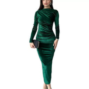 2025 Trendy Solid Color Slim-Fit Ruched Crew Neck Long-Sleeve Dress  Perfect for Halloween Parties, Romantic Dates & Cocktail Nights