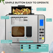 Simzlife Bread Maker, 25 Baking Programs, 2 lb Dough Capacity, Stainless Steel, Auto Fruit Nut Yeast Dispensers, Digital Display, BM002
