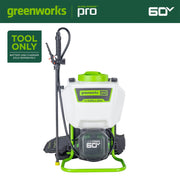 Greenworks BPS60B00 60V Battery Powered Backpack Sprayer, 70 PSI, 0.5 GPM Flow, 20 ft Spray Reach, Five Nozzles, Chemical Resistant, Tool Only