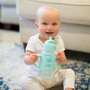 Dr. Brown's Milestones Wide-Neck Sippy Straw Bottle with Silicone Handles, Gray and Blue, 9oz, 2-Pack