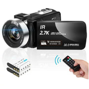 SEREE DV003-02M Video Camera for Youtube Camcorder Night Vision Film Camera Full HD 2.7K 30FPS 30.0 MP IR Vlogging Digital Camera, 2 Batteries, Remote