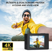 Vilinice D68M1A 4K 60FPS Ultra HD Underwater Dual Screen 50MP Action Camera With Mounting Accessories, Black