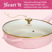 Paris Hilton 4 Quart Ceramic Nonstick Jumbo Cooking Pan Skillet with Heart-Shaped Gold Knob, Pink, Cast Aluminum PH12589-AS
