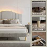 Pinmoco Full Upholstered Bed Frame with Adjustable Arc-Shaped Headboard, Warm Orange LED Lighting, Gray Fabric