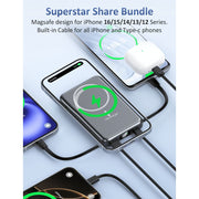 Breezio Magnetic Portable Charger Power Bank, 10000mAh, 20W Fast Charging, 5-in-1 with Built-In Type-C and Lightning Cables, Wireless Charging, Dark Black, W17