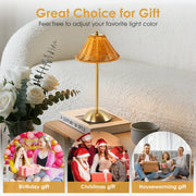 Lofter-Pro Boho Rattan Bedside Table Lamp, Cordless Battery Operated Touch LED, Gold Finish